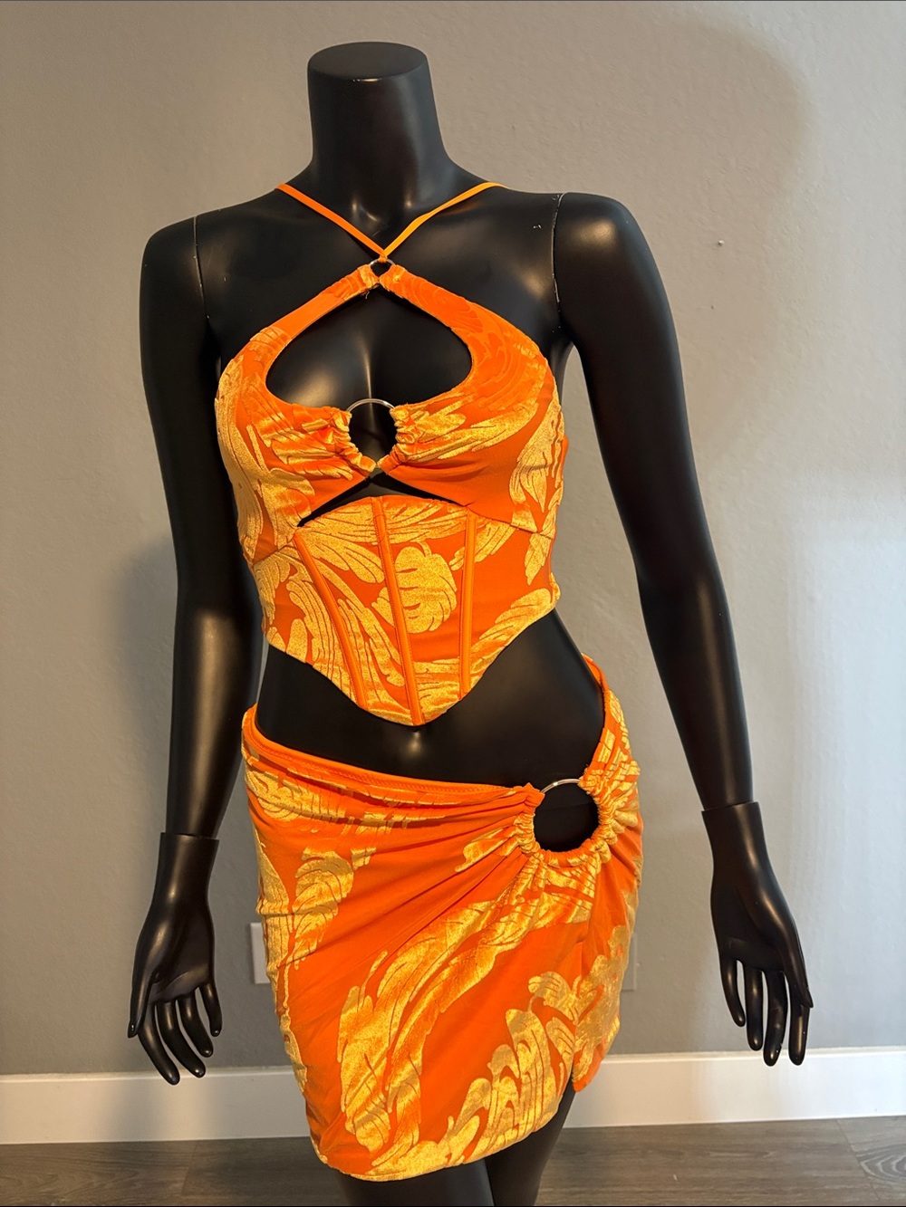 Oh Polly Orange Ring-Detail Cutout Halter Top with Sarong